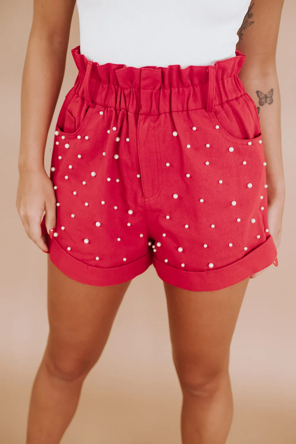 Pearl Studded Paper Bag Shorts, Red