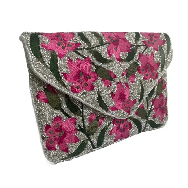 Pink Lilies Handmade Beaded Envelope Clutch