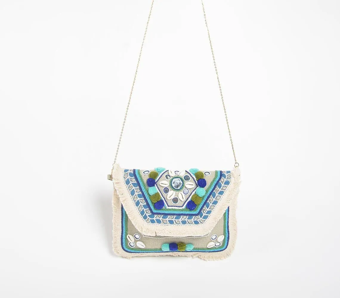 Pom-poms & Shells Aqua Crossbody Bag