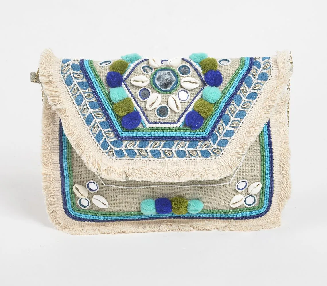 Pom-poms & Shells Aqua Crossbody Bag