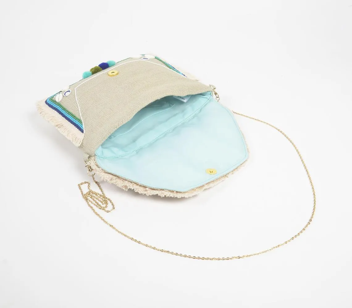 Pom-poms & Shells Aqua Crossbody Bag