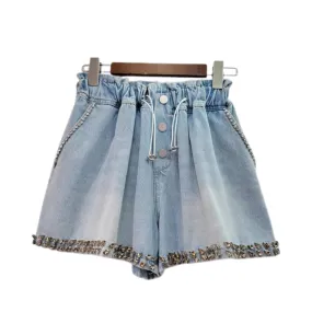 Pre Order:  Diamond Studded High Waist Wide Leg Denim Shorts