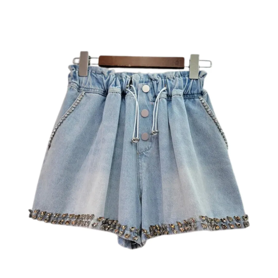 Pre Order:  Diamond Studded High Waist Wide Leg Denim Shorts