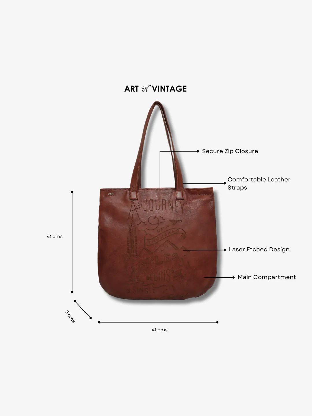 Rhoda: Cognac Leather Shopper With Lazer Quote