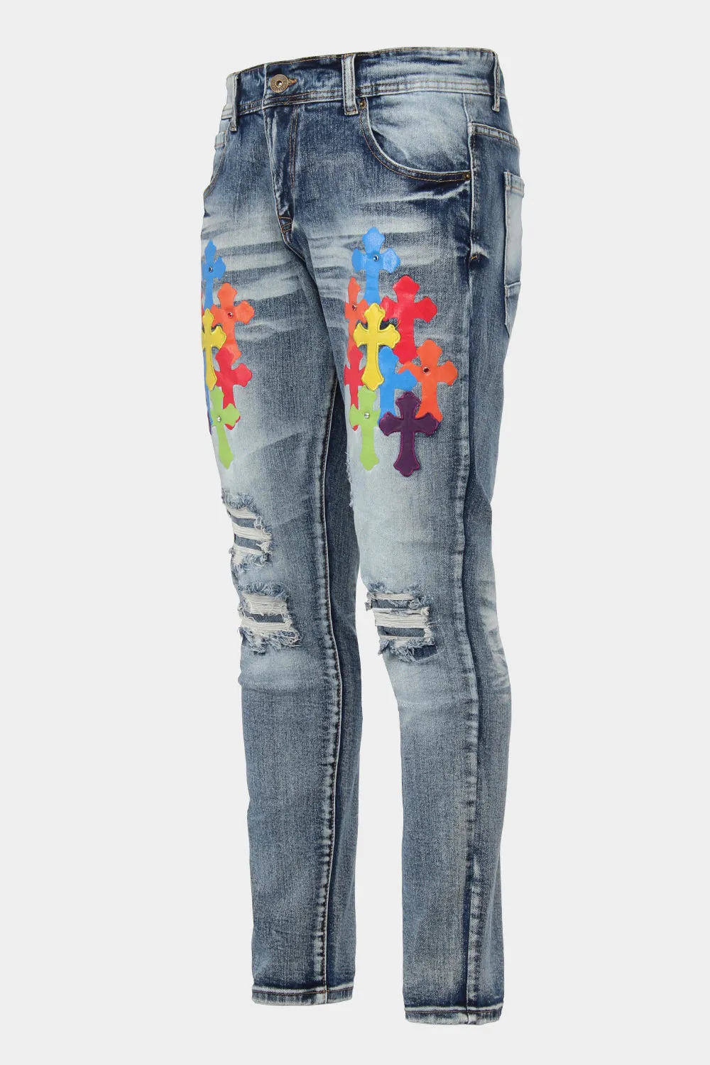 Ripped Jeweled Pu Cross Denim Jeans