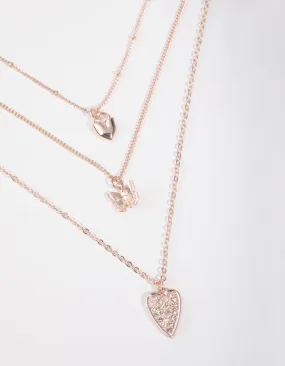 Rose Gold Short Diamante Heart 3-Row Necklace