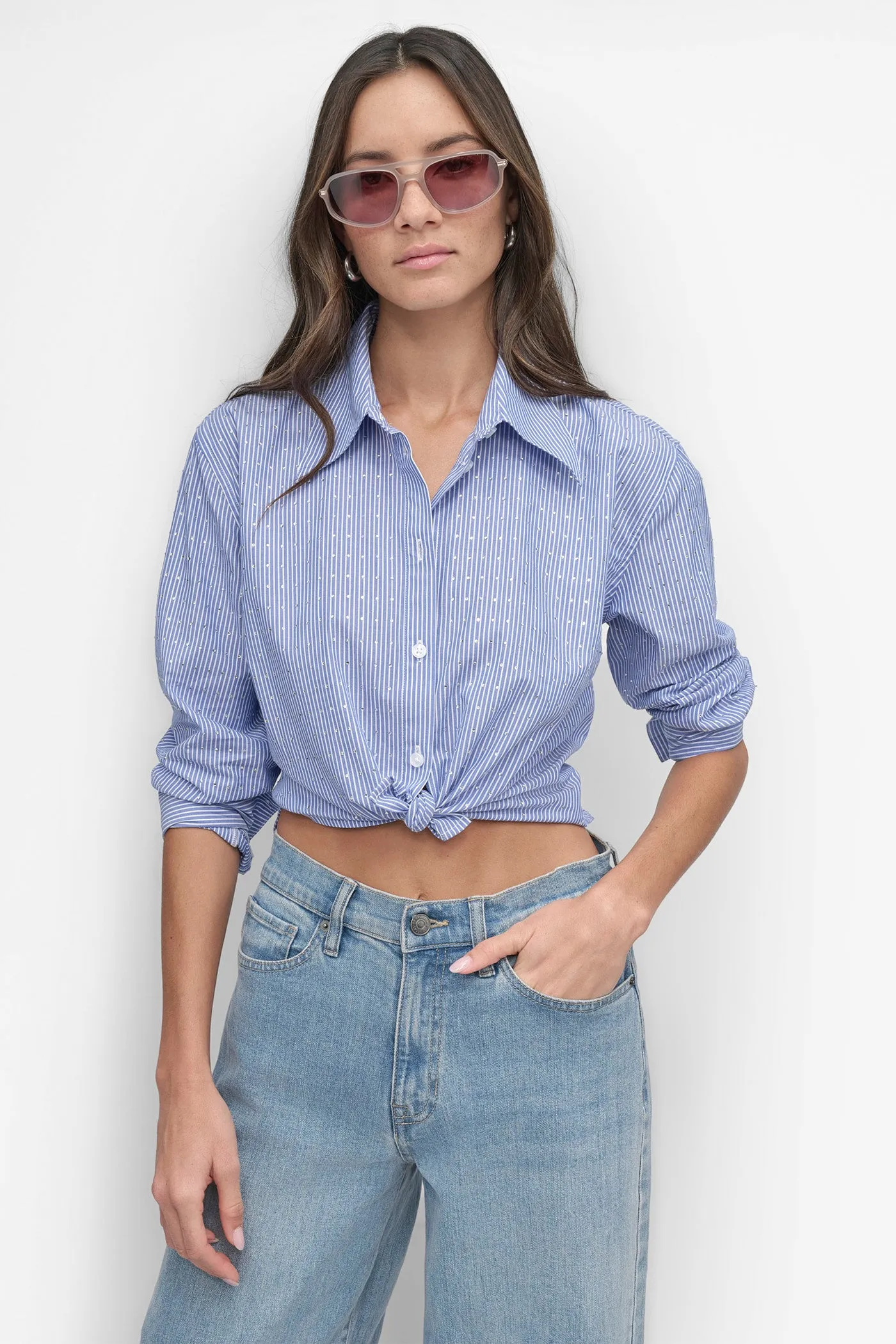 STRIPED POPILIN STUDDED RHINESTONE TOP
