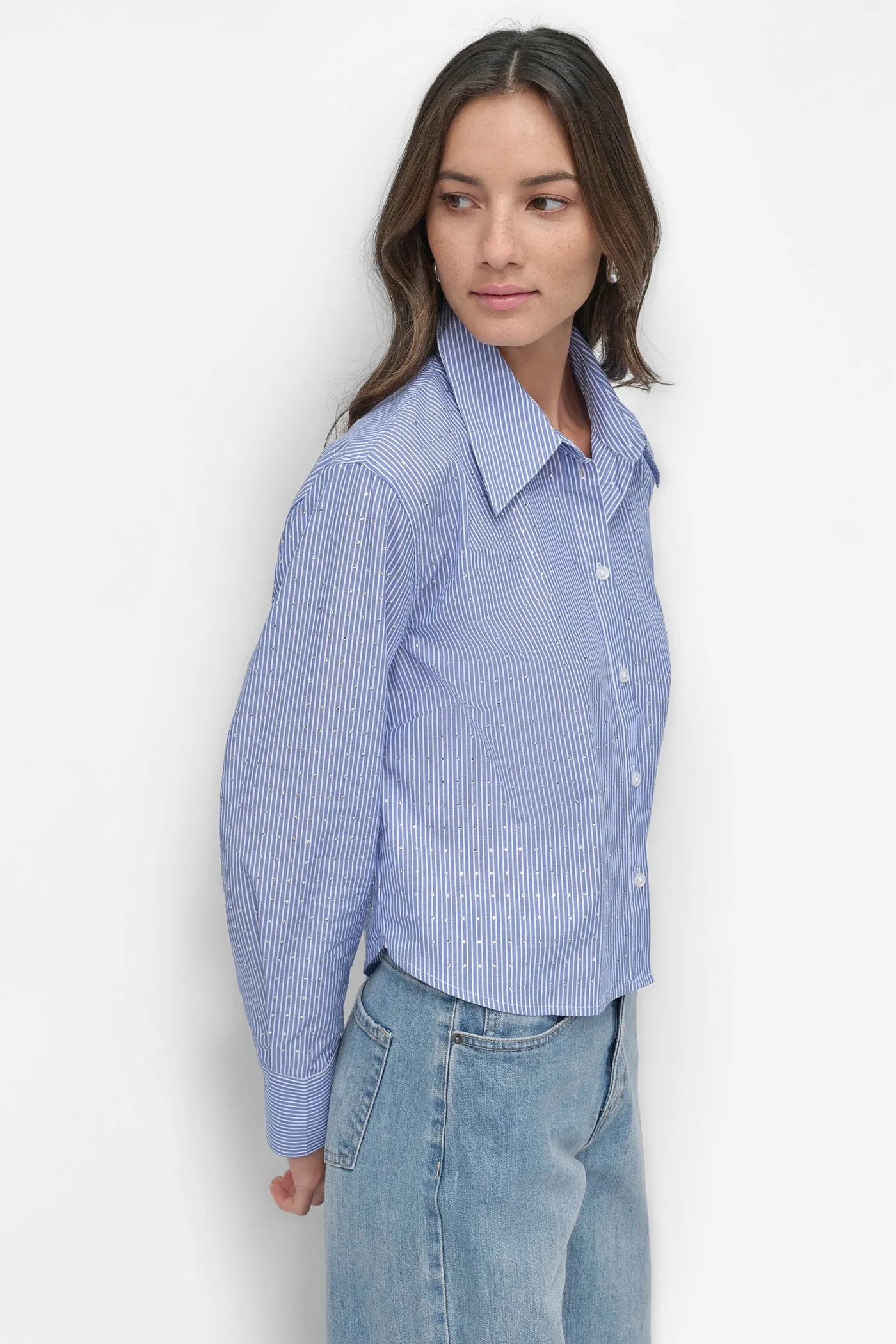 STRIPED POPILIN STUDDED RHINESTONE TOP