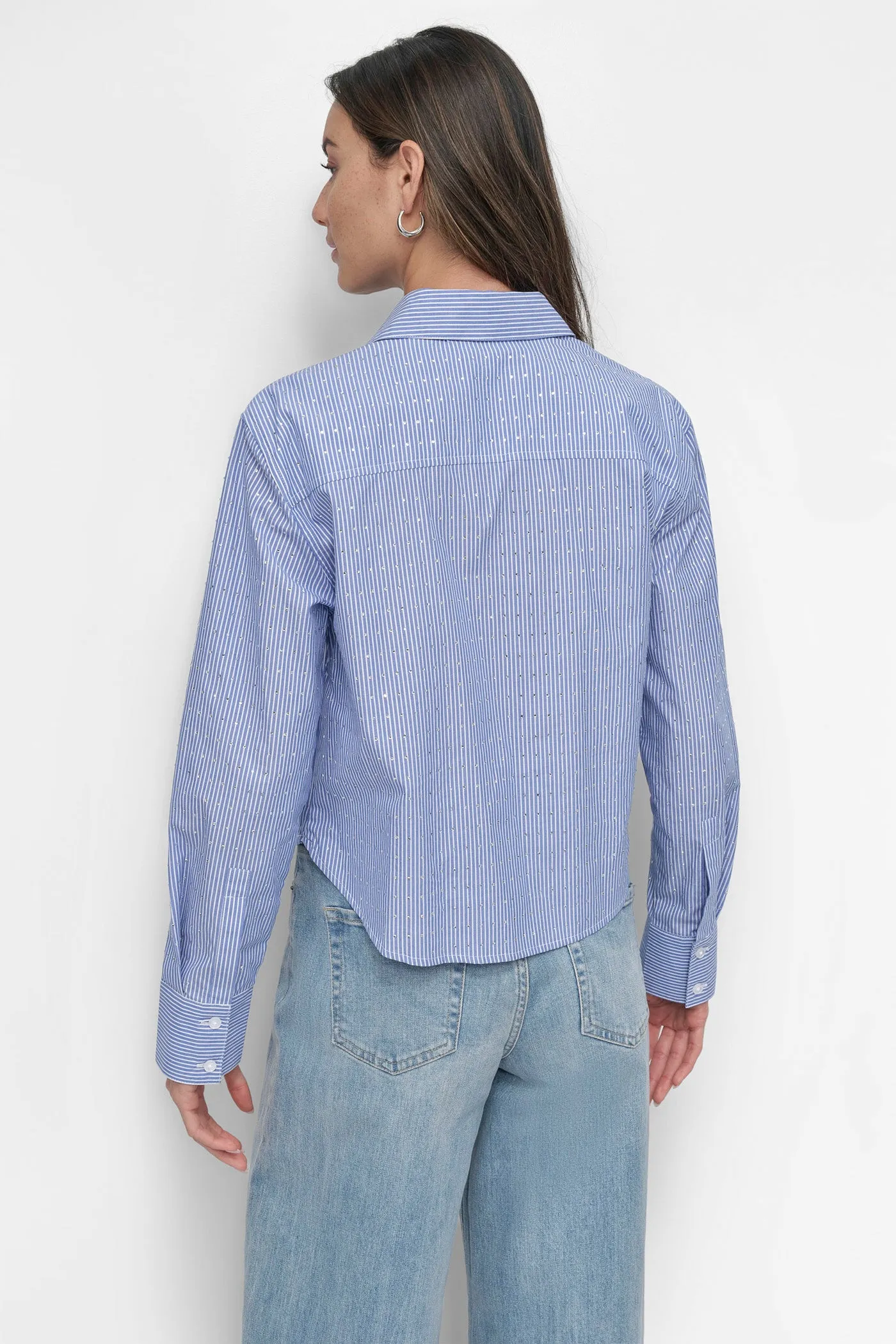 STRIPED POPILIN STUDDED RHINESTONE TOP