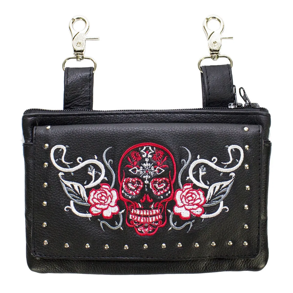 Studded Red & White Sugar Skull Naked Cowhide Leather Belt Bag