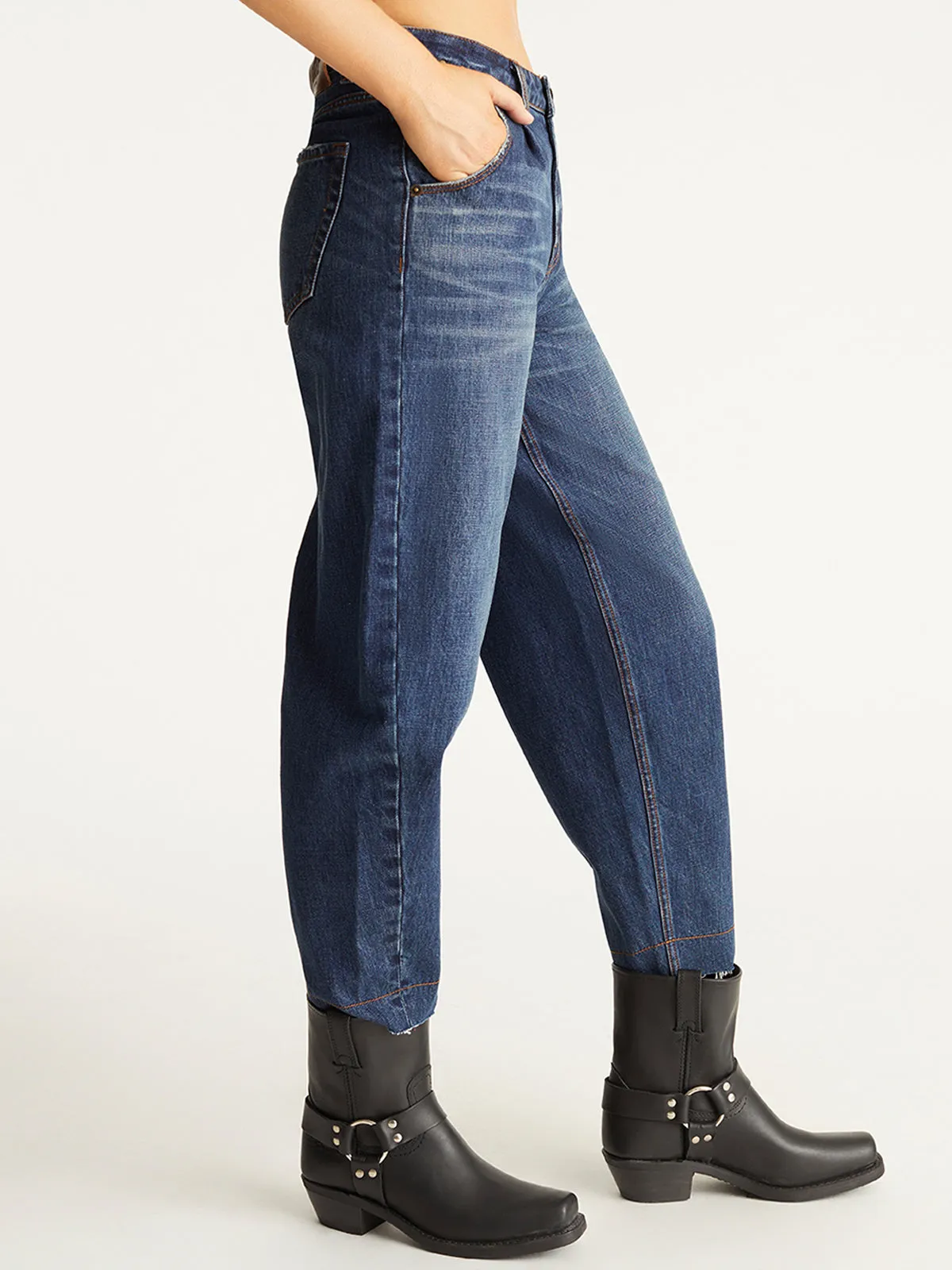 Studded-Waist Barrel-Leg Cotton Denim Jeans