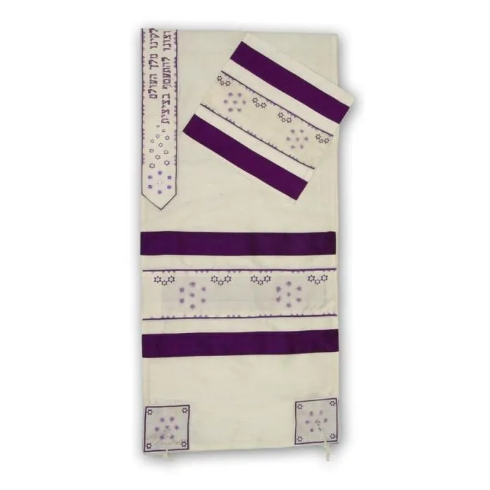 Tallit Set In Wild Silk Stars Embroidered