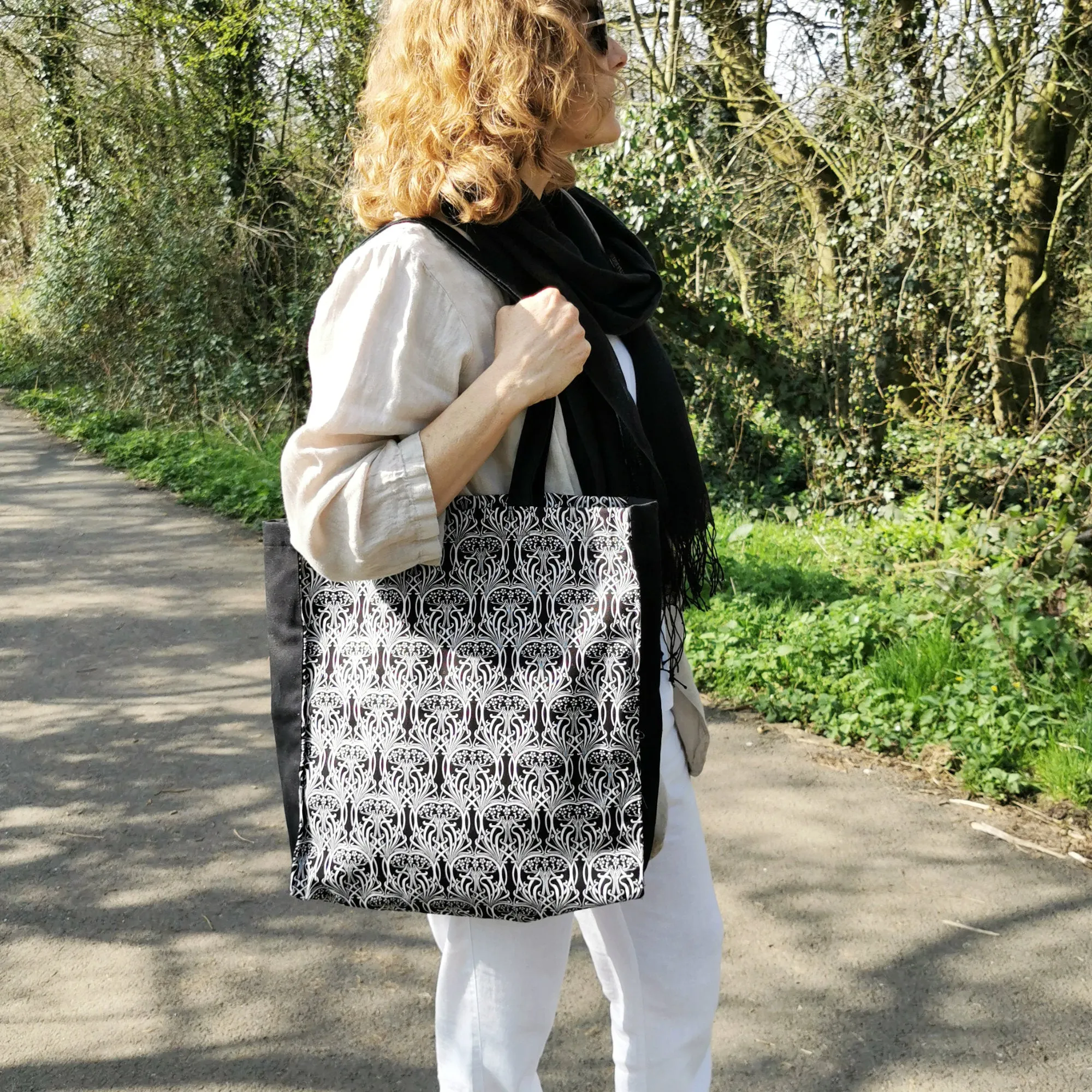 Tote Bag Canvas Lined Black & White Art Nouveau Style Print Shoulder Bag