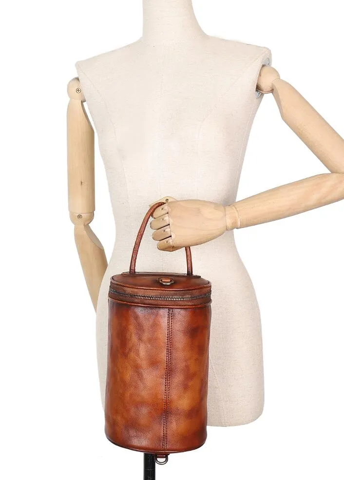 Vintage Womens Bucket Bag Genuine Green Leather Handbags For Women