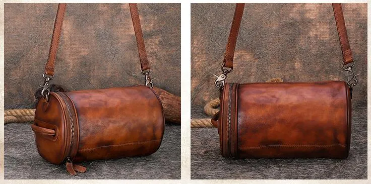 Vintage Womens Bucket Bag Genuine Green Leather Handbags For Women