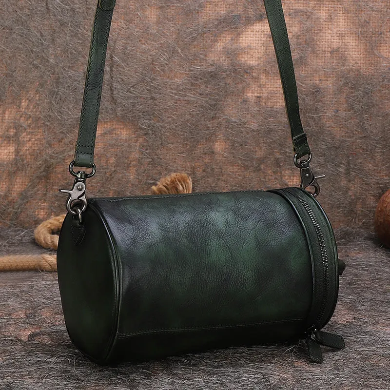 Vintage Womens Bucket Bag Genuine Green Leather Handbags For Women