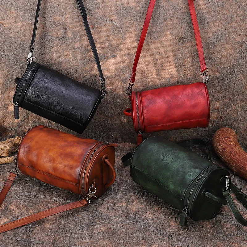 Vintage Womens Bucket Bag Genuine Green Leather Handbags For Women